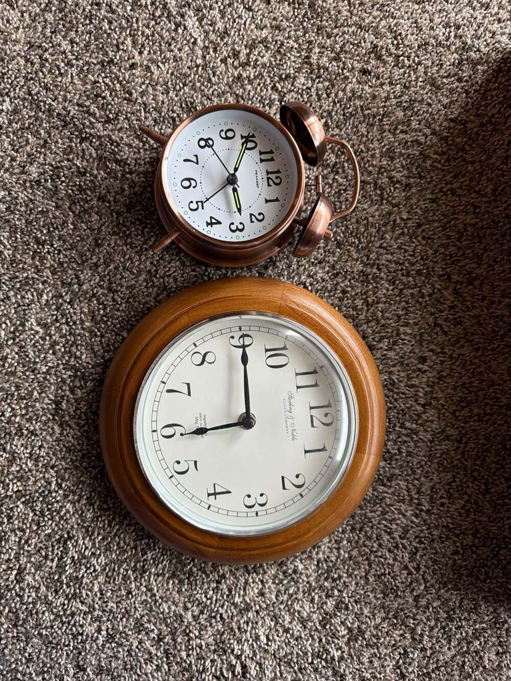 Sterling & Noble 9" Wood Wall Clock and Peakeep Copper Twin Bell Alarm Clock Set